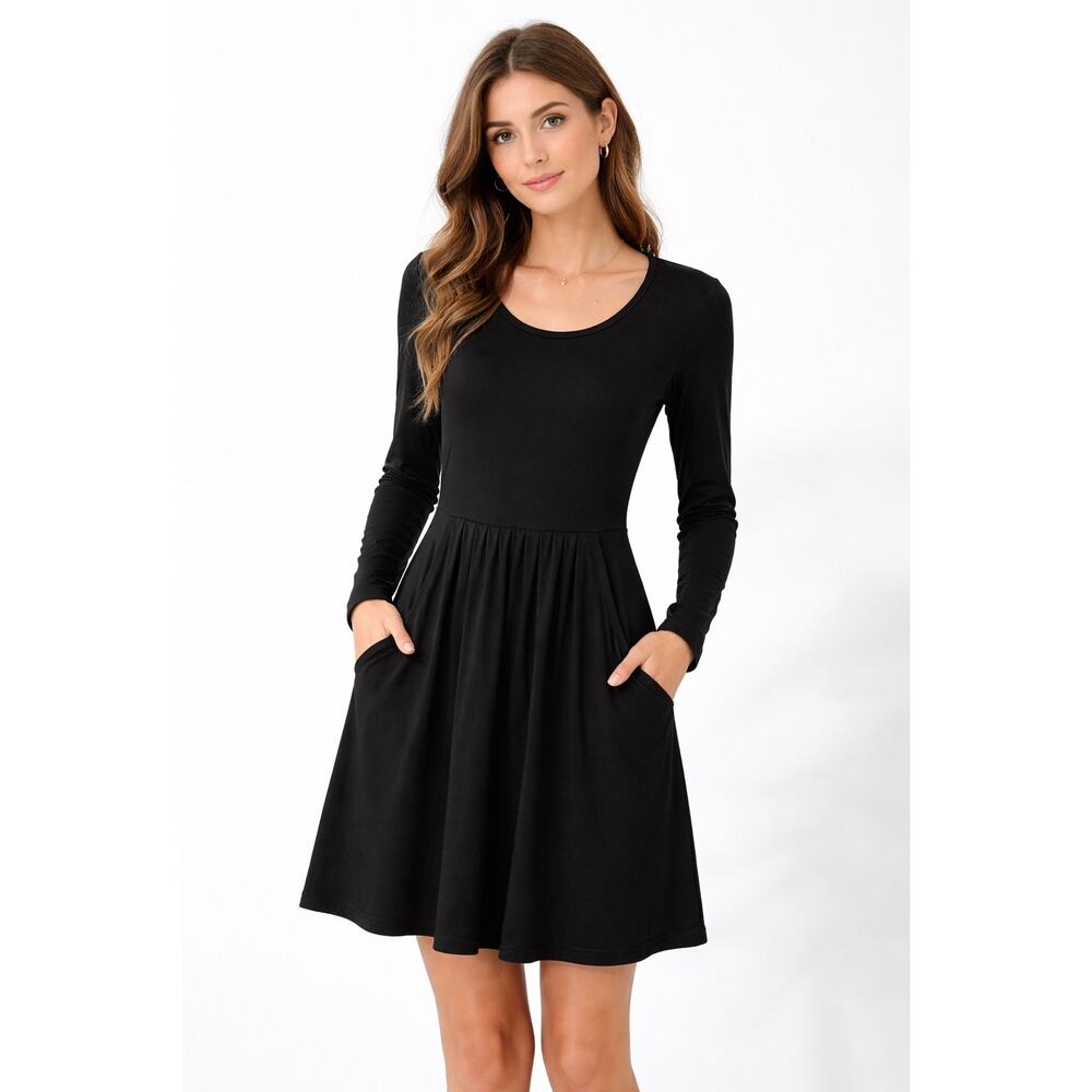 Black Long Sleeve Minimalist Fit & Flare Dress Pockets Rayon Spandex Size Small